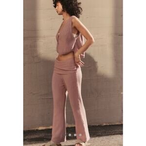 Free People Ruby Sweater Set Foldover Roll Top Pants Pink Knit Woodrose Medium